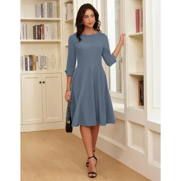 Grace Karin Women Dusty Blue 3/4 Sleeve Fit and Flare Classy Dress with  Pockets